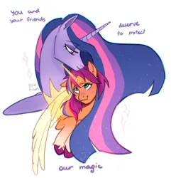 Size: 1480x1536 | Tagged: safe, artist:peachmichea, derpibooru import, princess twilight 2.0, sunny starscout, twilight sparkle, twilight sparkle (alicorn), alicorn, earth pony, pony, g5, my little pony: a new generation, the last problem, bust, cute, duo, ext, heartwarming, image, jpeg, lidded eyes, looking at each other, looking at someone, older, older twilight, older twilight sparkle (alicorn), race swap, simple background, smiling, smiling at each other, sunny and her heroine, sunnycorn, sweet dreams fuel, that magic is yours to give, white background, wholesome