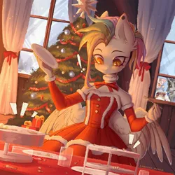 Size: 3000x3000 | Tagged: safe, artist:avroras_world, derpibooru import, oc, unofficial characters only, anthro, pegasus, pony, unicorn, christmas, christmas outfit, christmas tree, clothes, detached sleeves, dress, emanata, exclamation point, female, fork, frown, high res, holiday, image, jpeg, looking through the window, mare, multicolored hair, non-pony oc, plate, present, rainbow hair, solo focus, tree