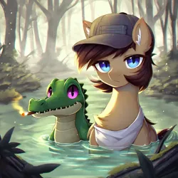 Size: 1024x1024 | Tagged: safe, ai content, derpibooru import, machine learning generated, alligator, earth pony, pony, baseball cap, cap, chest fluff, cigarette, duo, female, florida, hat, image, looking at you, mare, pet, png, smoking, swamp, tree, water, wifebeater