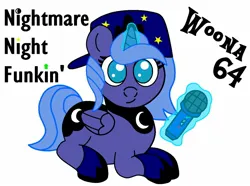 Size: 960x715 | Tagged: safe, artist:theunidentifiedchangeling, derpibooru import, edit, editor:elinafan17, princess luna, oc, oc:woon64, alicorn, pony, colored, female, filly, foal, friday night funkin', hat, horn, image, jpeg, levitation, looking at you, lying down, magic, microphone, prone, smiling, solo, telekinesis, wings, woona, young luna, younger