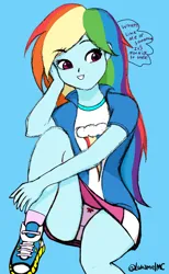 Size: 1280x2072 | Tagged: suggestive, artist:lukamelmc, color edit, derpibooru import, edit, rainbow dash, human, equestria girls, blue shoes, bowtie panties, clothes, colored, cutie mark, cutie mark on clothes, eyebrows, eyebrows visible through hair, female, g4, hand on face, hand on leg, image, lighting bolts, looking at you, miniskirt, panties, panty shot, pink panties, pink socks, pink underwear, png, red bowtie, skin color edit, skirt, skirt lift, smiling, smiling at you, socks, solo, solo female, speech bubble, text, underwear, underwear edit, upskirt
