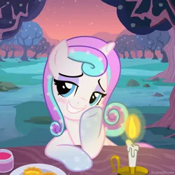 Size: 2000x2000 | Tagged: safe, artist:lovinglypromise, derpibooru import, oc, oc:lovelypromise, unofficial characters only, pony, candle, candlelight, date, date night, dinner, female, flirting, image, looking at you, not flurry heart, offspring, parent:princess cadance, parent:shining armor, parents:shiningcadance, png, seductive look, seductive pose, smiling, smiling at you, snow, snowflake, solo, solo female, sunset