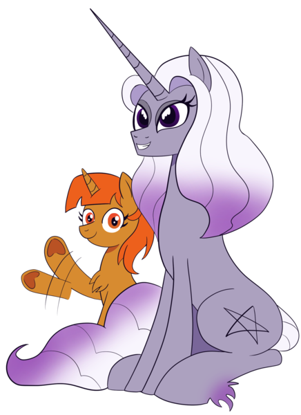 Size: 1638x2253 | Tagged: safe, artist:feralroku, derpibooru import, oc, oc:sugar maple, oc:umbra, unofficial characters only, pony, unicorn, derpibooru community collaboration, 2024 community collab, derpibooru exclusive, female, image, irc, looking at you, mare, png, simple background, sitting, smiling, transparent background, waving