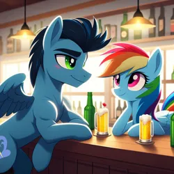 Size: 1024x1024 | Tagged: safe, ai content, derpibooru import, machine learning generated, prompter:*rainbow dash*, rainbow dash, soarin', alcohol, bar, beer, female, folded wings, g4, generator:bing image creator, image, jpeg, looking at each other, looking at someone, male, shipping, soarindash, spread wings, straight, wings