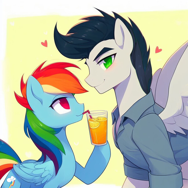 Size: 1024x1024 | Tagged: safe, ai content, derpibooru import, machine learning generated, prompter:*rainbow dash*, rainbow dash, soarin', clothes, drink, drinking, female, folded wings, g4, generator:bing image creator, image, jpeg, juice, male, shipping, shirt, simple background, soarindash, spread wings, straight, wings