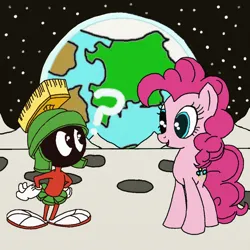 Size: 894x894 | Tagged: safe, artist:tere35, derpibooru import, pinkie pie, earth pony, pony, earth, female, image, jpeg, looney tunes, male, martian, marvin the martian, question mark, space, warner brothers