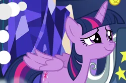 Size: 924x608 | Tagged: safe, derpibooru import, screencap, star swirl the bearded, twilight sparkle, twilight sparkle (alicorn), alicorn, pony, season 7, shadow play, cropped, cute, female, g4, image, mare, offscreen character, png, smiling, solo focus, twiabetes, twilight's castle