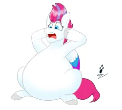 Size: 1715x1545 | Tagged: safe, artist:duragan, derpibooru import, zipp storm, pegasus, g5, my little pony: a new generation, belly, big belly, fat, image, implied weight gain, open mouth, png, shock, shocked, shocked expression, simple background, teary eyes, weight gain, zipp is a marshmallow, zipp slob