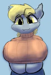 Size: 351x513 | Tagged: suggestive, derpibooru import, derpy hooves, anthro, big breasts, blue background, breasts, bust, busty derpy hooves, clothes, colored sketch, huge breasts, image, impossibly large breasts, looking at you, png, portrait, simple background, sketch, smiling, smiling at you, sweater, underboob, wip