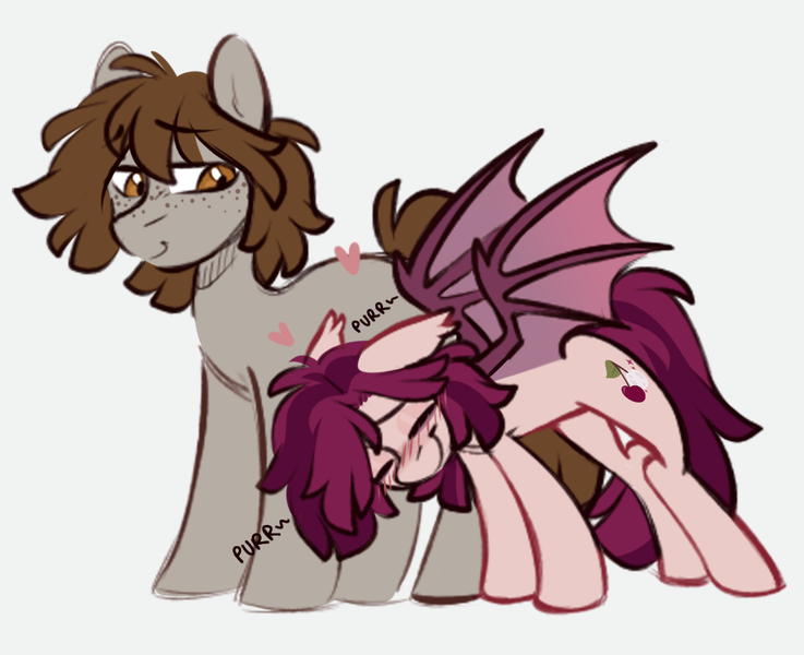Size: 1064x866 | Tagged: safe, artist:crimmharmony, derpibooru import, oc, oc:crimm harmony, oc:stitched laces, unofficial characters only, bat pony, earth pony, pony, behaving like a cat, blushing, eyes closed, female, freckles, heart, image, male, mare, oc x oc, png, purring, shipping, simple background, size difference, spread wings, stallion, white background, wings