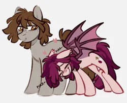 Size: 1064x866 | Tagged: safe, artist:crimmharmony, derpibooru import, oc, oc:crimm harmony, oc:stitched laces, unofficial characters only, bat pony, earth pony, pony, behaving like a cat, blushing, eyes closed, female, freckles, heart, image, male, mare, oc x oc, png, purring, shipping, simple background, size difference, spread wings, stallion, white background, wings