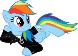 Size: 1600x1155 | Tagged: safe, artist:iamaveryrealperson, derpibooru import, edit, vector edit, rainbow dash, pegasus, pony, 2021, clothes, female, folded wings, g4, image, jacket, leather, leather jacket, looking at someone, looking at something, lying down, mare, ms paint, png, simple background, smiling, solo, transparent background, vector, wings