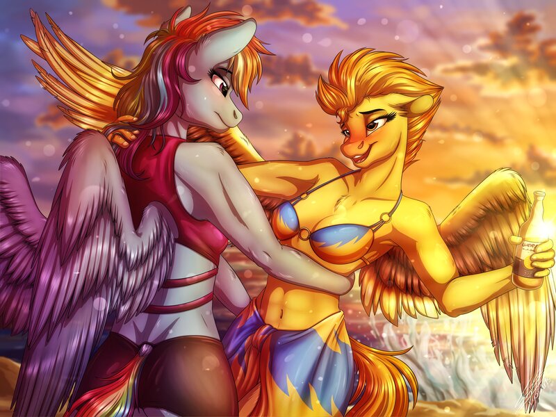 Size: 4000x3000 | Tagged: safe, artist:lupiarts, derpibooru import, rainbow dash, spitfire, anthro, pegasus, abs, alcohol, beach, beer, beer bottle, belly button, bikini, bikini top, blushing, bottle, breasts, busty spitfire, clothes, corona beer, drunk, duo, female, image, jpeg, lens flare, lesbian, looking at each other, looking at someone, love, romance, romantic, sand, sarong, sexy, shipping, spitdash, spread wings, stupid sexy spitfire, sunset, swimsuit, tipsy, tipsyfire, wave, wings