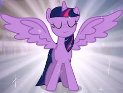 Size: 981x744 | Tagged: safe, derpibooru import, edit, edited screencap, editor:twilyisbestpone, screencap, twilight sparkle, twilight sparkle (alicorn), alicorn, pony, magical mystery cure, season 3, beautiful, cropped, eyes closed, female, g4, image, inverted mouth, jpeg, large wings, majestic, mare, night, smiling, solo, spread wings, wings