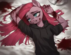 Size: 1152x896 | Tagged: semi-grimdark, ai content, derpibooru import, machine learning generated, prompter:kopaleo, stable diffusion, pinkie pie, anthro, blood, generator:pony diffusion v6 xl, image, pinkamena diane pie, png, prompt in description, scar, self harm, self harm scars, solo