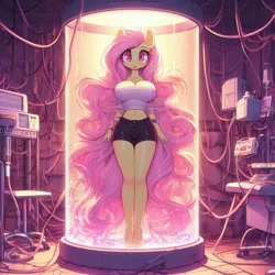 Size: 1024x1024 | Tagged: safe, ai content, derpibooru import, machine learning generated, fluttershy, anthro, adorasexy, bare shoulders, big breasts, blank eyes, breasts, busty fluttershy, cleavage, clothes, creepy, cute, cyberpunk, electrodes, female, image, implied transformation, laboratory, liquid, midriff, png, prompter:horselover fat, science, sexy, shorts, shoulderless, solo, strapless, suspended, tube, weird, white shirt, wires