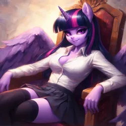 Size: 2048x2048 | Tagged: safe, ai content, derpibooru import, machine learning generated, prompter:krivovyaz, twilight sparkle, twilight sparkle (alicorn), alicorn, anthro, breasts, clothes, generator:bing image creator, image, png, shirt, skirt, smiling, smug, socks, solo, stockings, thigh highs, throne