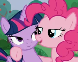 Size: 534x428 | Tagged: safe, derpibooru import, edit, edited screencap, editor:twilyisbestpone, screencap, pinkie pie, twilight sparkle, twilight sparkle (alicorn), alicorn, earth pony, pony, season 5, the mane attraction, cropped, duo, duo female, female, g4, image, inverted mouth, lidded eyes, mare, out of context, png, smiling