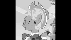 Size: 1280x720 | Tagged: safe, ai content, derpibooru import, edit, edited screencap, machine learning assisted, screencap, applejack, earth pony, pony, sparkle's seven, ai cover, animated, clothes, cropped, eyes closed, female, g4, guitar, image, monochrome, musical instrument, oasis, open mouth, rvc, sound only, webm