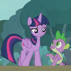Size: 1440x1440 | Tagged: safe, derpibooru import, official, screencap, spike, twilight sparkle, twilight sparkle (alicorn), alicorn, dragon, pony, she talks to angel, duo, duo male and female, eyebrows, female, g4, grin, image, jpeg, looking at each other, looking at someone, male, mare, raised eyebrow, smiling, smiling at each other