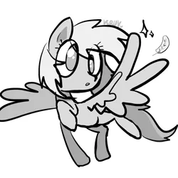 Size: 3937x3937 | Tagged: safe, artist:kruvvv, derpibooru import, derpy hooves, pegasus, pony, black and white, cross-eyed, feather, flying, g4, grayscale, high res, image, looking at something, looking at wing, monochrome, png, raised hoof, simple, simple background, sketch, solo, spread wings, white background, wings