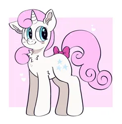Size: 2080x2110 | Tagged: safe, artist:spookyfoxinc, derpibooru import, twinkleshine, unicorn, blushing, bow, chest fluff, image, pink hair, png, simple background, smiling, solo, sparkles, tail, tail bow