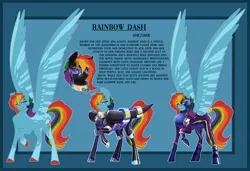 Size: 2048x1400 | Tagged: safe, artist:parrpitched, derpibooru import, rainbow dash, oc, oc:rainbow dash(prisoners of the moon), pegasus, alternate design, colored hooves, fireheart76's latex suit design, image, jpeg, latex, latex suit, prisoners of the moon, pronouns, redesign, reference sheet, rubber, rubber suit, shadowbolts, twitterina design