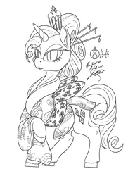 Size: 1089x1500 | Tagged: safe, artist:sepiakeys, derpibooru import, rarity, pony, clothes, image, kimono (clothing), monochrome, png, solo