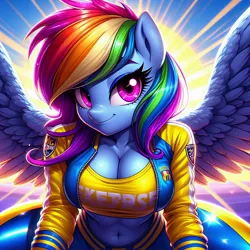 Size: 1024x1024 | Tagged: suggestive, ai content, derpibooru import, machine learning generated, rainbow dash, anthro, abs, big breasts, breasts, busty rainbow dash, cleavage, clothes, female, generator:dall-e 3, image, jacket, jpeg, leggings, logo, simple background, smiling, solo, solo female, solo focus, sports, stupid sexy rainbow dash, thighs, wonderbolts