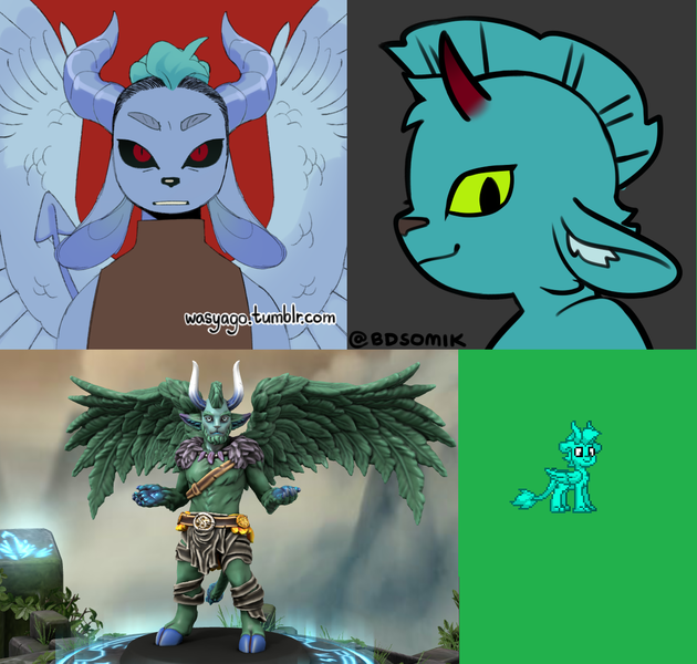 Size: 1197x1140 | Tagged: safe, derpibooru import, oc, oc:jaaobah, unofficial characters only, anthro, original species, pony, pony town, blue fur, blue hair, blue tail, creature, fan made, g4, gray background, green background, hero forge, hooves, horn, image, male, male oc, meiker, meiker.io, mohawk, ms paint, non-pony oc, picrew, png, pointed ears, red background, simple background, solo, spread wings, tail, wings