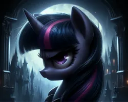 Size: 4096x3272 | Tagged: safe, ai content, derpibooru import, machine learning generated, prompter:enterusxrname, twilight sparkle, bust, castle, dark, frown, g4, generator:bing image creator, image, jpeg, moon, night, solo, upscaled