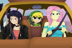 Size: 3693x2475 | Tagged: safe, artist:lennondash, derpibooru import, fluttershy, pinkie pie, elf, human, equestria girls, a goofy movie, angry, annoyed, car, choker, clothes, crossed arms, dress, driving, elf ears, eyeshadow, fluttershy is not amused, frown, goofy movie meme, hairpin, hat, image, jacket, jpeg, kyoka jiro, link, makeup, meme, my hero academia, seatbelt, steering wheel, the legend of zelda, the legend of zelda: the wind waker, unamused, when she doesn't smile