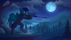 Size: 3840x2160 | Tagged: safe, artist:strafe blitz, derpibooru import, oc, unofficial characters only, pegasus, semi-anthro, bipedal, cliff, forest, gun, image, moon, nature, night, pegasus oc, png, solo, stars, tree, weapon, wings