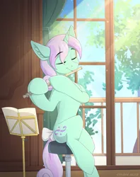 Size: 2160x2732 | Tagged: safe, artist:strafe blitz, derpibooru import, oc, unofficial characters only, pony, unicorn, beautiful, concave belly, ear fluff, eyes closed, flute, horn, image, indoors, musical instrument, png, sitting, slender, solo, thin, unicorn oc, window