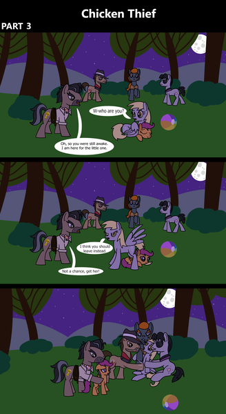 Size: 1920x3516 | Tagged: semi-grimdark, artist:platinumdrop, derpibooru import, biff, derpy hooves, doctor caballeron, scootaloo, withers, earth pony, pegasus, pony, comic:chicken thief, 3 panel comic, abuse, angry, antagonist, background pony, blank flank, bleeding, blood, clothes, comic, commission, concerned, cuddling, cute, defiant, derpy hooves is not amused, derpybuse, devious smile, dialogue, eyes closed, fear, fedora, female, filly, foal, foal abuse, folded wings, g4, grabbing, grass, hat, henchmen, hug, image, lying down, male, mare, neckerchief, night, nuzzling, open mouth, ouch, outdoors, pain, png, prone, punch, rogue (g4), rope, scared, scootabuse, shirt, shirt with a collar, sideburns, sky, sleeping, smug, snuggling, speech bubble, spread wings, stallion, stubble, sunglasses, surprised, this will not end well, tree, unamused, upset, vest, violence, waking up, wall of tags, wing blanket, winghug, wings, yelling