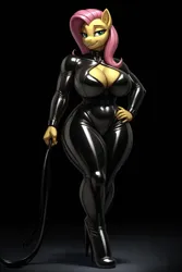 Size: 1280x1920 | Tagged: suggestive, ai content, derpibooru import, machine learning generated, fluttershy, anthro, absolute cleavage, big breasts, bodysuit, breasts, busty fluttershy, catsuit, cleavage, clothes, derpibooru exclusive, dominatrix, female, g4, hand on hip, high heels, image, latex, latex suit, png, prompter:inky heart, shoes, solo, solo female, thighs, thunder thighs, whip