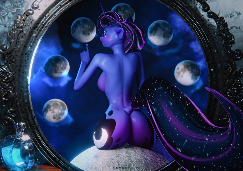 Size: 2560x1800 | Tagged: questionable, artist:hevexy, derpibooru import, princess luna, anthro, 3d, ass, blender, blushing, bottle, breasts, busty princess luna, butt, curvy, cute, cutie mark, female, floppy ears, image, large butt, magic, moon, nudity, png, pointing, potion, rear, rear view, rearboob, seductive, sensual, sideboob, sitting, smiling, smirk, solo, solo female, space, tail