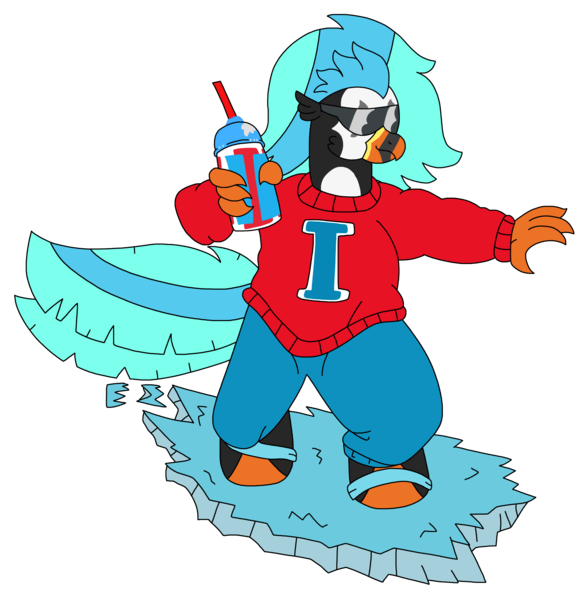 Size: 2235x2295 | Tagged: safe, artist:supahdonarudo, derpibooru import, oc, oc:icebeak, unofficial characters only, hippogriff, clothes, drink, holding, ice, image, pants, png, simple background, slushie, solo, strap, sunglasses, surfing, sweater, transparent background