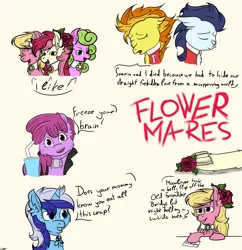 Size: 4808x4960 | Tagged: semi-grimdark, artist:gotyx96, derpibooru import, berry punch, berryshine, daisy, flower wishes, lily, lily valley, minuette, roseluck, soarin', spitfire, earth pony, pegasus, pony, unicorn, chest fluff, clothes, cute, dialogue, ear fluff, female, flower, flower in hair, flower trio, heathers the musical, image, male, mare, png, rose, shipping, simple background, stallion, text, underhoof
