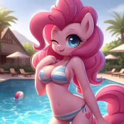 Size: 1024x1024 | Tagged: safe, ai content, derpibooru import, machine learning generated, pinkie pie, anthro, earth pony, belly button, bikini, breasts, busty pinkie pie, cleavage, clothes, cute, diapinkes, female, g4, generator:bing image creator, generator:dall-e 3, image, jpeg, looking at you, one eye closed, outdoors, side-tie bikini, smiling, smiling at you, solo, striped swimsuit, swimming pool, swimsuit, wink, winking at you, wrong cutie mark
