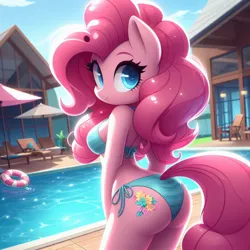 Size: 1024x1024 | Tagged: safe, ai content, derpibooru import, machine learning generated, pinkie pie, anthro, earth pony, ass, balloonbutt, bikini, breasts, butt, clothes, g4, generator:bing image creator, generator:dall-e 3, house, image, jpeg, looking at you, looking back, looking back at you, outdoors, side-tie bikini, solo, swimming pool, swimsuit, wrong cutie mark