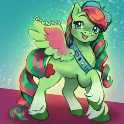 Size: 2400x2400 | Tagged: safe, artist:sparkytopia, derpibooru import, pegasus, pony, g5, beret, blue eyes, colored sketch, green coat, hat, image, open mouth, png, sash, scout kindheart, signature, simple background, sketch, solo, sparkles, spread wings, wings