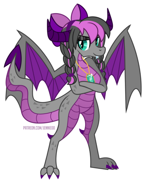 Size: 874x1100 | Tagged: safe, artist:jennieoo, derpibooru import, oc, oc:krystal gem, dragon, bow, braid, dragoness, eyeshadow, fangs, female, gem, hair bow, horns, image, jewelry, looking at you, makeup, necklace, png, show accurate, simple background, smiling, smiling at you, smirk, solo, spread wings, story, story included, transparent background, vector, wings
