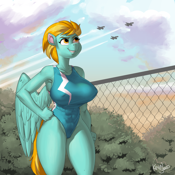 Size: 5000x5000 | Tagged: suggestive, alternate version, artist:kevinsano, paywalled source, lightning dust, anthro, pegasus, abs, alternate character, armpits, big breasts, breasts, busty lightning dust, clothes, cloud, erect nipples, female, image, nipple outline, one-piece swimsuit, png, signature, smiling, solo, solo female, swimsuit
