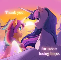 Size: 2269x2208 | Tagged: safe, artist:aztrial, derpibooru import, princess twilight 2.0, sunny starscout, twilight sparkle, twilight sparkle (alicorn), alicorn, pony, g5, my little pony: a new generation, the last problem, duo, image, looking at each other, looking at someone, older, older twilight, older twilight sparkle (alicorn), png, race swap, smiling, spread wings, sun, sunnycorn, sunrise, that magic is yours to give, wings