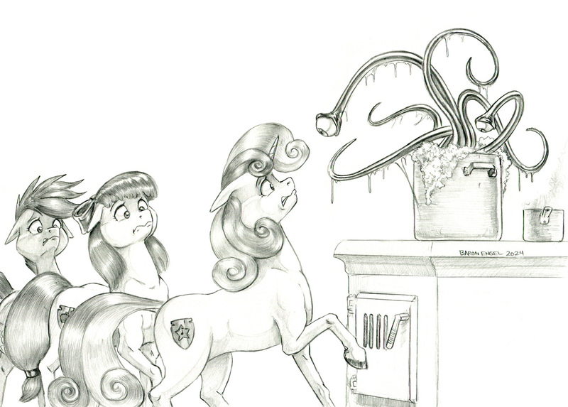 Size: 1500x1074 | Tagged: safe, artist:baron engel, derpibooru import, apple bloom, scootaloo, sweetie belle, earth pony, pegasus, pony, unicorn, cutie mark crusaders, female, filly, foal, g4, image, jpeg, monochrome, pencil drawing, traditional art