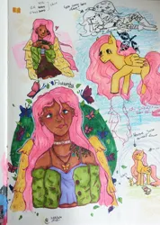 Size: 2526x3555 | Tagged: safe, artist:chocolatemoty455, derpibooru import, angel bunny, fluttershy, trixie, butterfly, human, insect, pegasus, pony, rabbit, animal, bag, boots, cape, cardigan, choker, clothes, dark skin, ear piercing, earring, female, hat, heart, high heel boots, humanized, image, jewelry, jpeg, male, necklace, nose piercing, piercing, shoes, tattoo, traditional art, trixie's cape, trixie's hat, winged humanization, wings