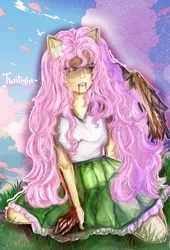 Size: 3750x5500 | Tagged: grimdark, artist:starcollex, derpibooru import, fluttershy, equestria girls, alternate hairstyle, bleeding, blood, bloody mouth, clothes, crying, female, gritted teeth, image, implied death, implied murder, implied twilight sparkle, jpeg, sad, scared, skirt, solo, tanktop, tears of blood, tears of pain, teeth, this will end in death