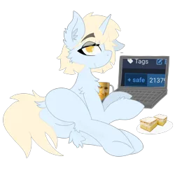 Size: 3389x3389 | Tagged: safe, artist:kotwitz, artist:vinyvitz, derpibooru import, oc, oc:aria taitava, pony, unicorn, derpibooru, 2137, butt, chest fluff, computer, cup, derpibooru exclusive, ear fluff, eye clipping through hair, eyeshadow, floppy ears, food, image, jp2gmd, laptop computer, looking at you, lying down, makeup, meta, mug, pie, plot, png, polish, pope, rzułta morda, smiling, solo