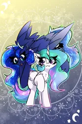 Size: 2000x3000 | Tagged: safe, artist:jubyskylines, derpibooru import, princess celestia, princess luna, alicorn, pony, :3, abstract background, chest fluff, colored wings, colored wingtips, constellation hair, day, duo, ear fluff, fangs, female, fluffy, flying, gradient background, gradient wings, image, leg fluff, mare, missing accessory, night, open mouth, png, raised hoof, smiling, snow, snowflake, sparkles, spread wings, stars, wing fluff, wings